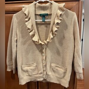 Ralph Lauren Beige Ruffle Women’s Cotton Cardigan Sweater Size Medium